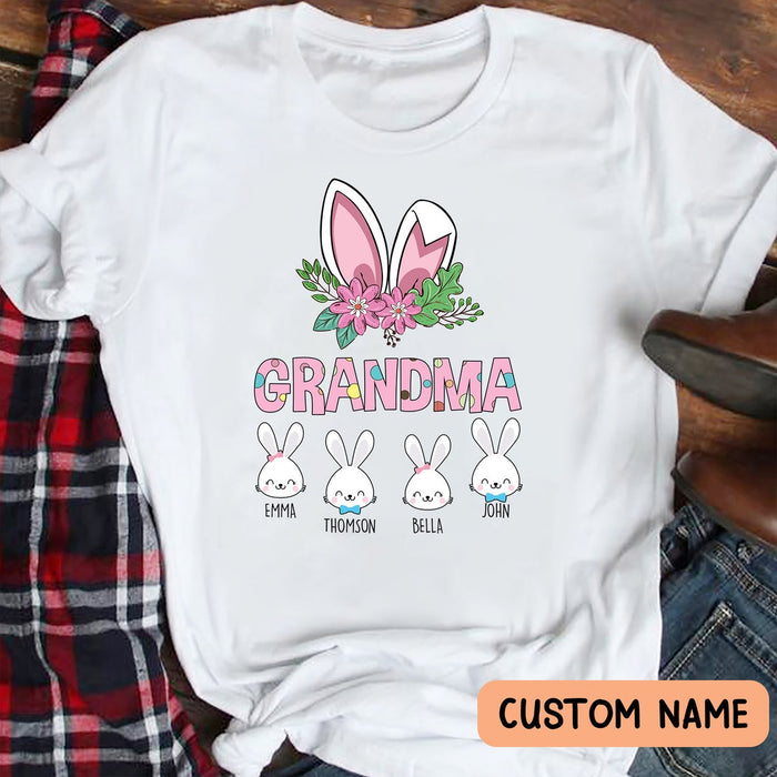 Personalized T-Shirt For Grandma Cute Bunny & Flower Printed Custom Grandkids Name Happy Easter Day Shirt