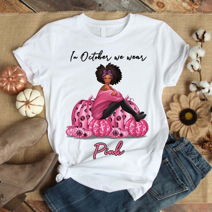 Classic T-Shirt For Breast Cancer Awareness In October We Wear Pink Women & Pumpkin Printed With Ribbon Leopard Design