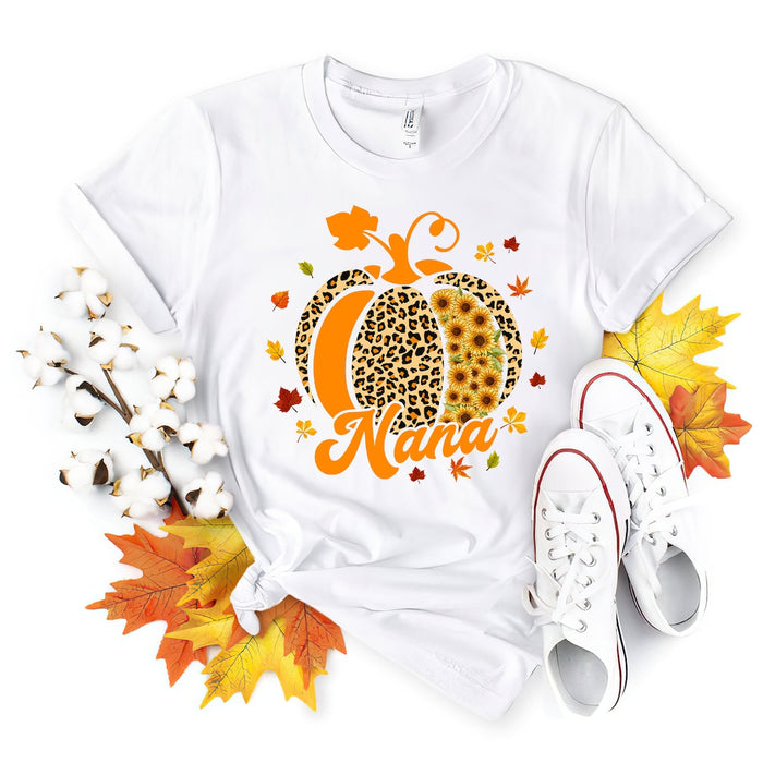 Personalized T-Shirt For Grandma Cute Leopard Sunflower Orange Pumpkin & Maple Leaves Printed Custom Grandma's Nickname