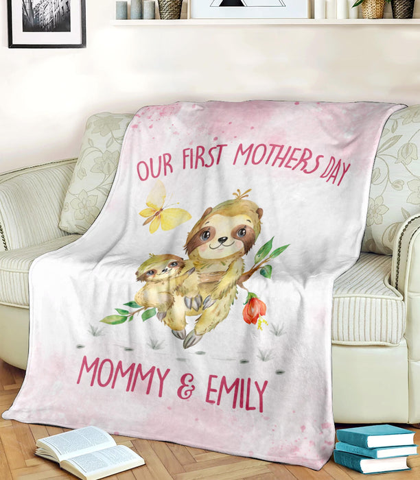 Personalized Premium Pink Blanket For New Mom Our First Mother'S Day Mommy & Daughter Cute Sloth & Butterfly Custom Name
