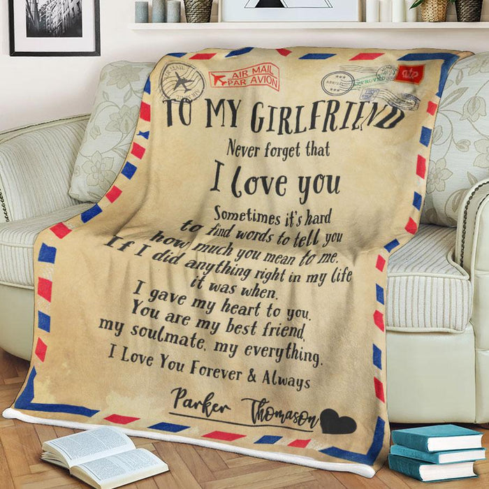 Personalized To My Girlfriend Love Airmail Fleece Blanket From Boyfriend Never Forget That I Love You Custom Name