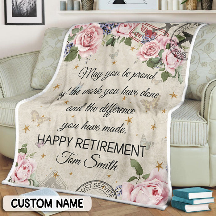 Personalized Retirement Blanket For Coworker Love Air Mail Florals Proud Of The Work Custom Name Gifts For Men Women