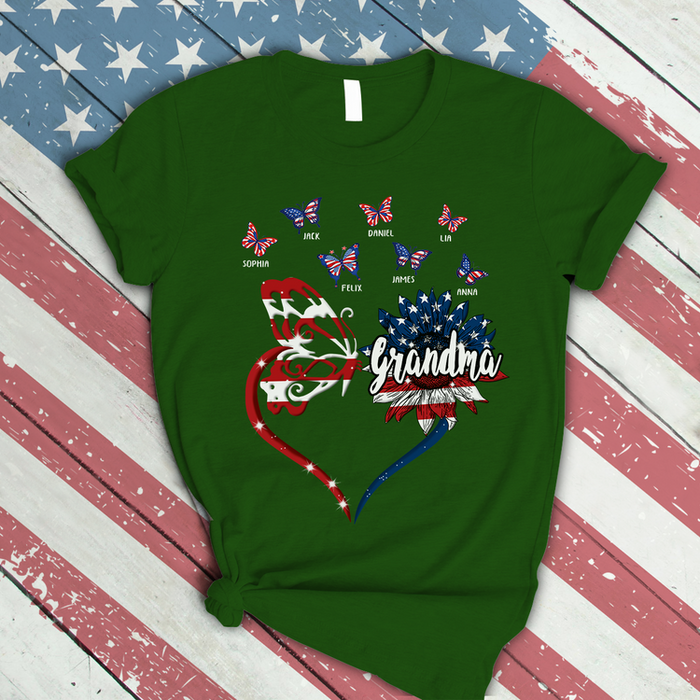 Personalized T-Shirt For Grandma American Flag Design Sunflower & Butterfly Heart Printed Custom Grandkids Name