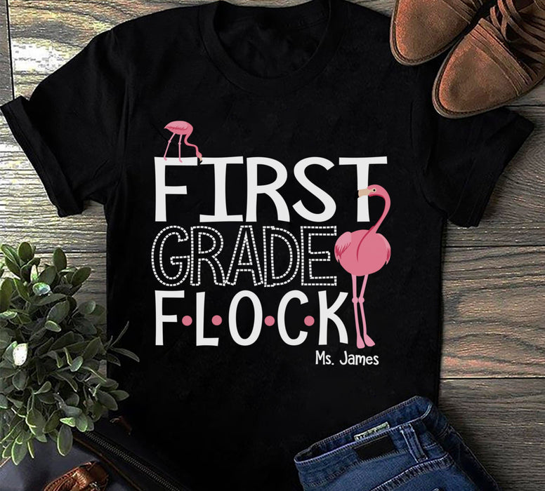 Personalized T-Shirt For Teacher First Grade Flock Pink Flamingo Printed Custom Name Back To School Outfit