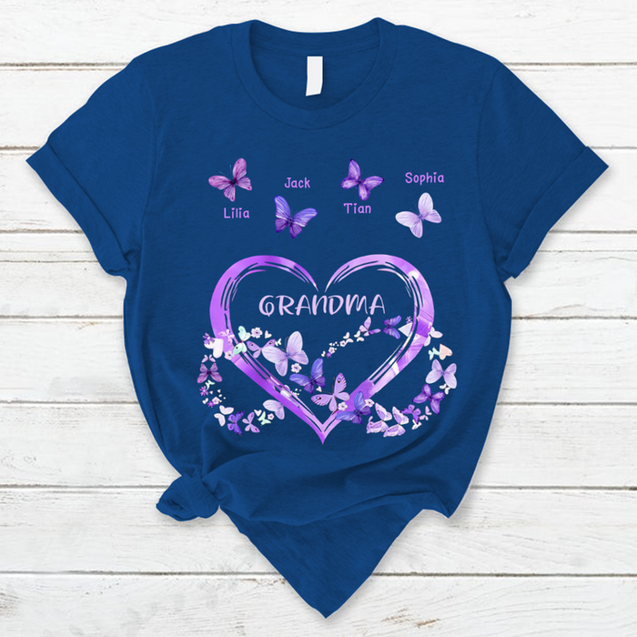 Personalized T-Shirt For Mom Grandma Heart & Infinity Symbol With Butterfly Printed Custom Grandkids Name