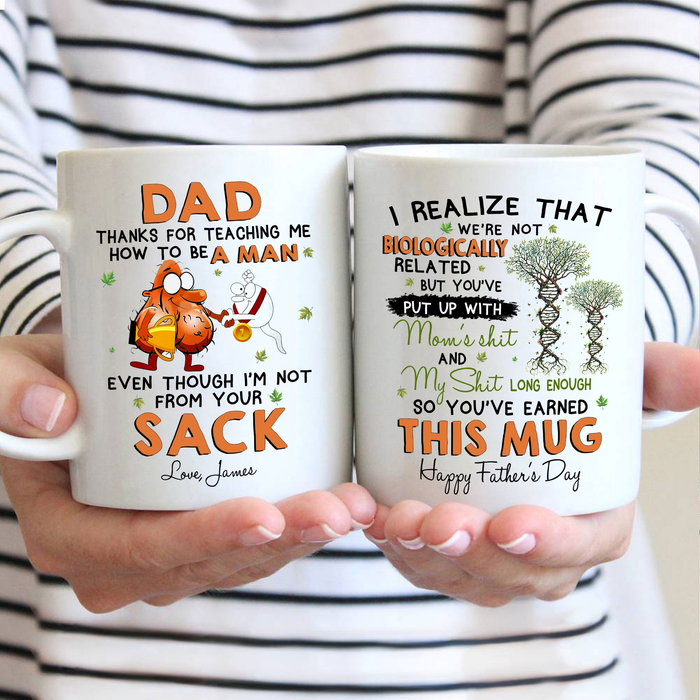 Personalized Ceramic Mug For Bonus Dad Happy Father's Day Funny Sack & Sperm with DNA Tree Design Custom Name 11 15oz Cup
