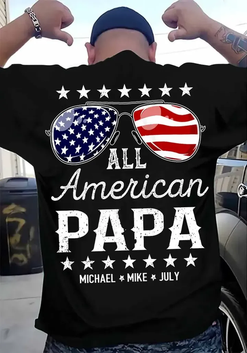 Personalized T-Shirt For Grandpa Vintage USA Flag Design Sunglasses Print Custom Grandkids Name 4th July Day Shirt
