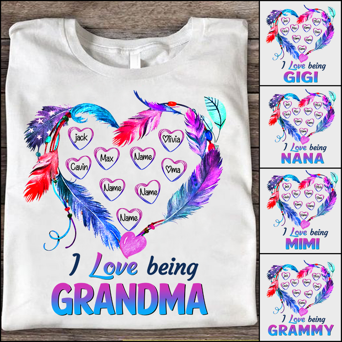 Personalized T-Shirt I Love Being Grandma Colorful Feather Heart Custom Grandkids Name Mothers Day Shirt