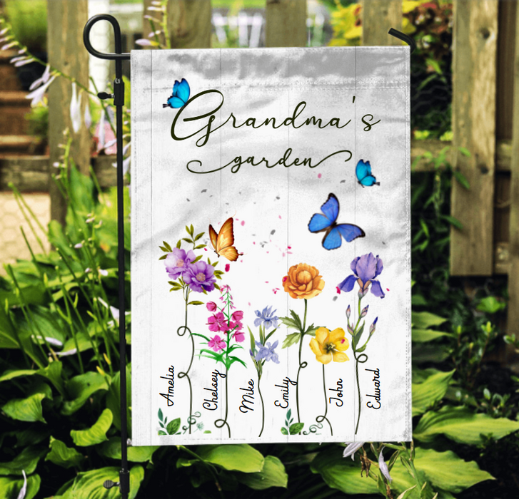 Personalized Garden Flag For Grandma Grandma's Garden Flowers & Butterfly Print Custom Grandkids Name Welcome Flag