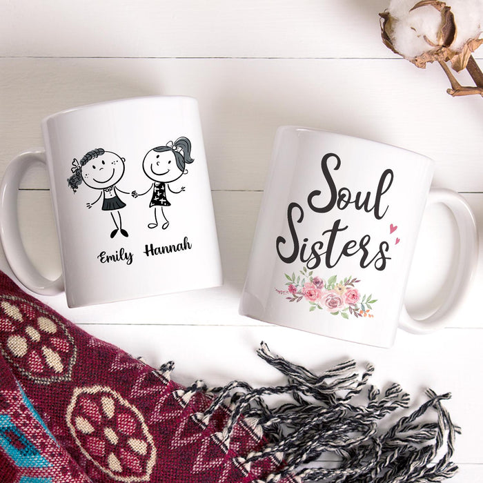 Personalized Ceramic Coffee Mug For Bestie Soul Sisters Cute Girls & Heart Flower Print Custom Name 11 15oz Cup