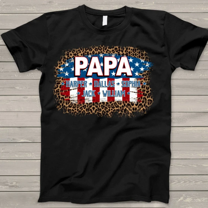 Personalized T-Shirt For Grandma Papa American Flag Leopard Design Custom Grandkids Name Shirt For Father'S Day