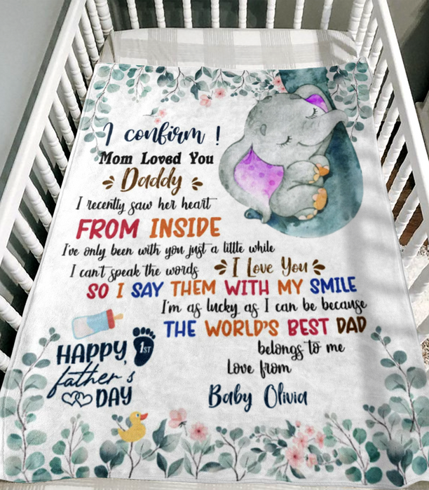 Personalized Blanket To My Dad From Baby Bump Happy First Father's Day Cute Baby Elephant & Flower Custom Name