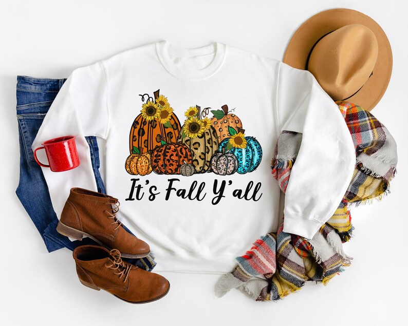 Classic Sweatshirt For Women It's Fall Y'all Cute Pumpkin & Sunflower Printed Leopard Floral Design Fall Shirt