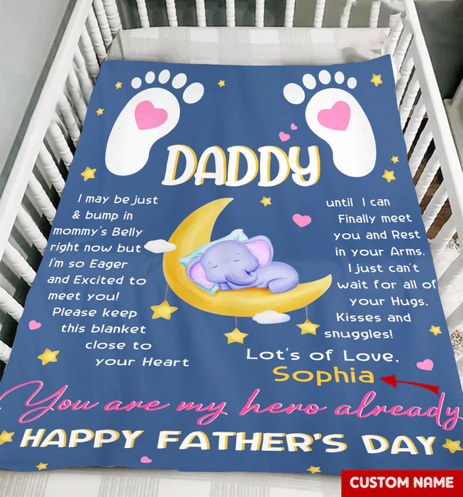 Personalized Blanket To My Dad From Baby Bump My Hero Happy Father's Day Cute Baby Elephant Print Custom Name