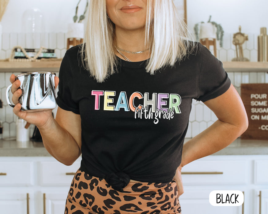 Personalized T-Shirt For Teacher Fifth Grade Teacher Colorful Words Custom Grade Shirt Gifts For Back To School