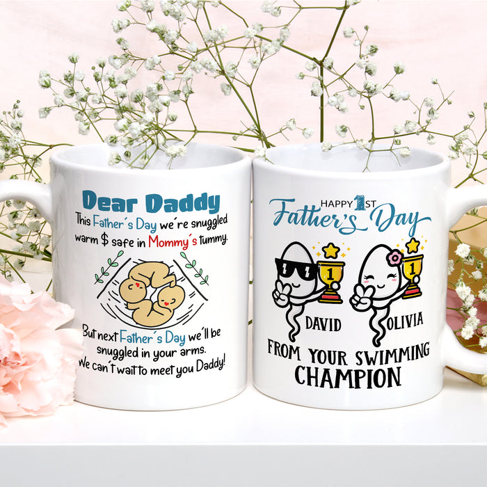 Personalized White Ceramic Coffee Mug For New Dad Funny Twins Baby Bump & Sperm Print Custom Kids Name 11 15oz Cup