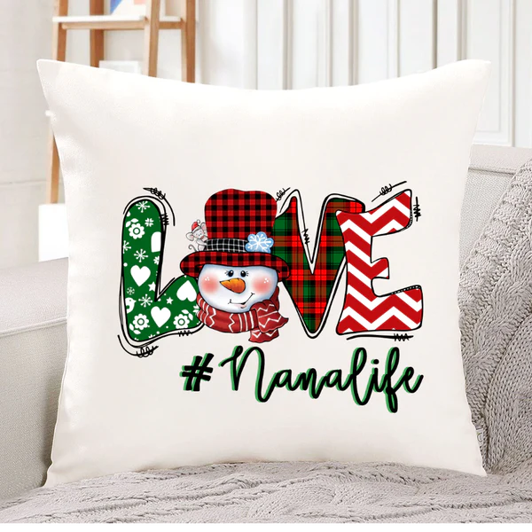 Personalized Square Pillow For Grandma Love Nana Life Snowman Red Plaid Custom Hashtag Sofa Cushion Christmas Gifts