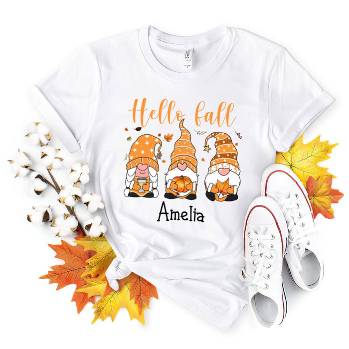 Personalized T-Shirt For Women Hello Fall Three Cute Gnomes With Pumpkin & Maple Leaf Printed Custom Name Fall Shirt