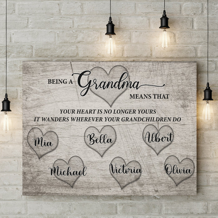 Personalized Matte Canvas For Grandma From Grandkid Vintage Hearts Wooden Custom Grandkids Name Canvas Poster