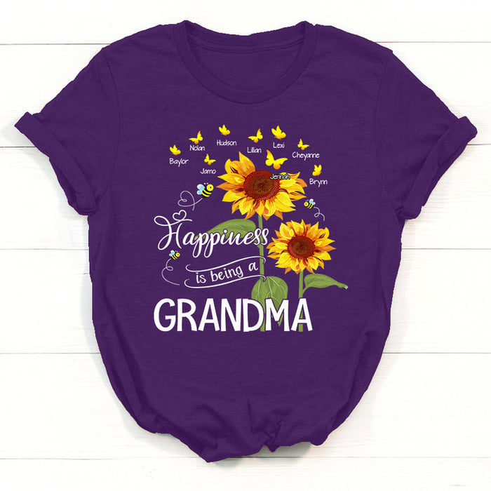 Personalized T-Shirt For Grandma Happiness Is Being A Nana Sunflower Bee & Butterfly Printed Custom Grandkids Name