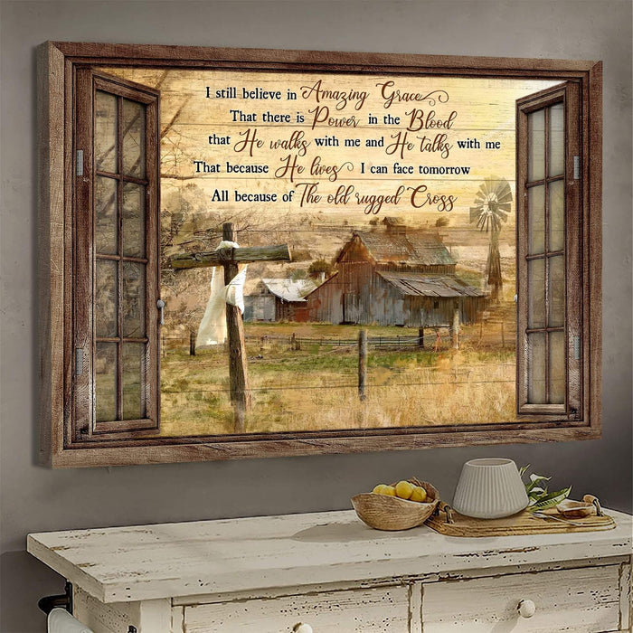 Matte Canvas Peace Life On Farm I Still Believe In Amazing Grace Window Frame Cross Printed Rustic Design Canvas