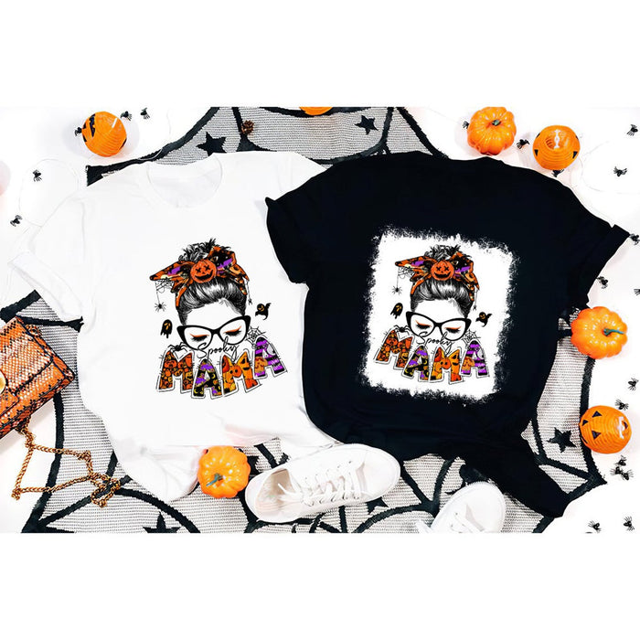 Personalized T-Shirt & Sweatshirt For Grandma Spooky Mama Messy Bun Hair With Pumpkin & Ghost Printed Custom Nickname