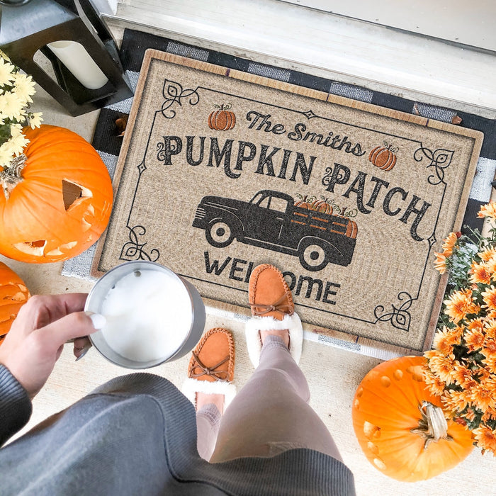 Personalized Doormat Pumpkin Patch Welcome With Pumpkin Truck Printed Vintage Design Custom Family Name Fall Doormat