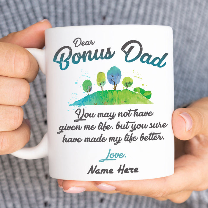 Personalized Ceramic Coffee Mug For Bonus Dad Made My Life Better Cute Tree Print Custom Kids Name 11 15oz Cup