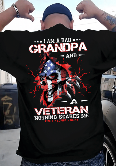 Personalized T-Shirt For Grandpa Skull With USA Flag Design Printed Custom Grandkids Name 4th July Day Shirt