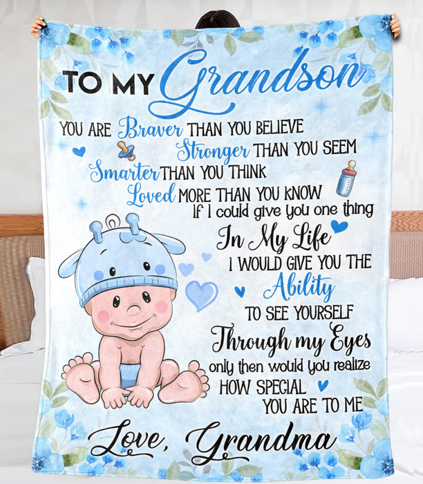 Personalized Baby Blanket To My Grandson From Grandma How Special You Are To Me Blue Flower Fleece Blanket Custom Name