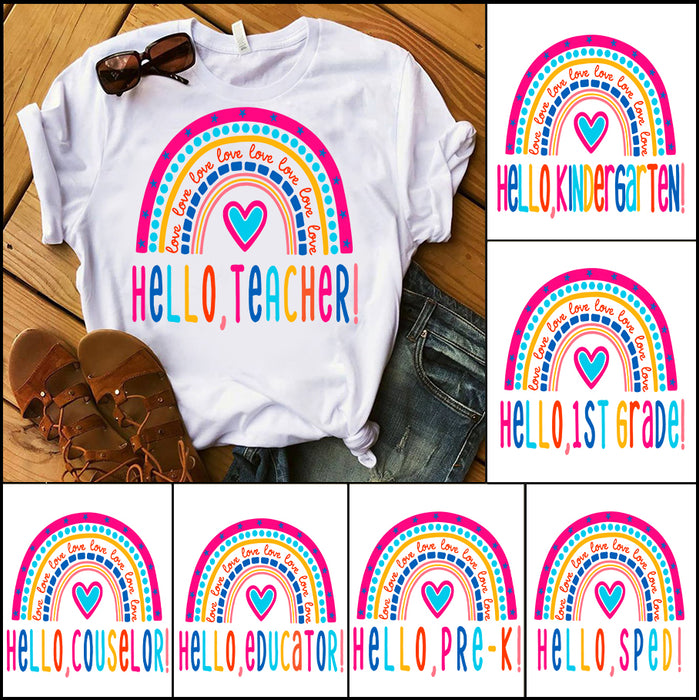 Personalized T-Shirt For Teacher Love Hello Teacher Color Design Heart Rainbow Custom Title Back To School Outfit