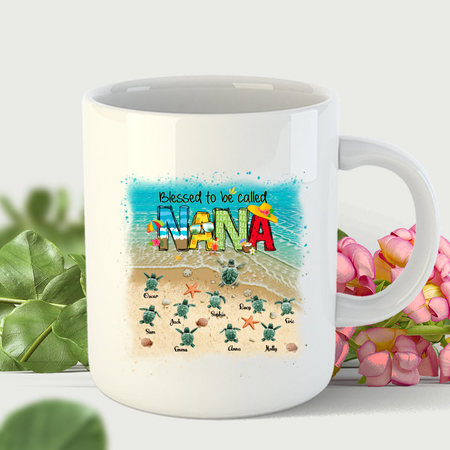 Personalized Ceramic Coffee Mug For Grandma Turtle Print Beach Design Custom Grandkids Name 11 15oz Summer Cup