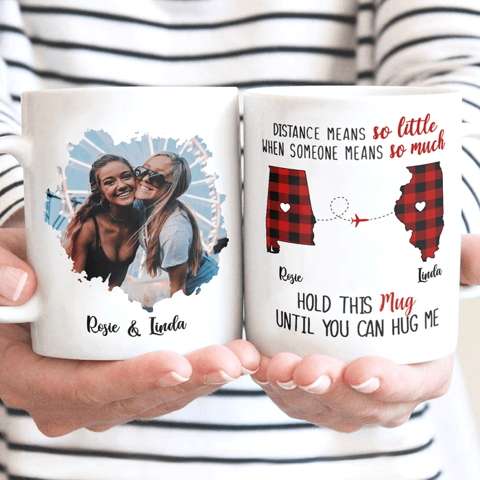 Personalized Coffee Mug For Sisters Distance Means So Little Red Plaid Custom Name & Photo White Cup Long Distance Gifts