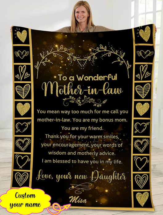 Personalized Blanket To A Wonderful Mother In Law Glitter Gold Heart Blanket For Mothers Day Custom Name