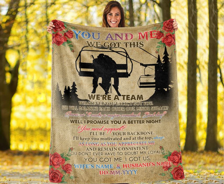 Personalized Blanket For Skiing Lovers Wife Husband You And Me We Got This We'Re A Team Print Flower & Couple