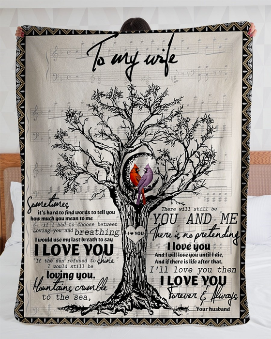 Personalized Staves Blanket To My Wife For Valentines Cardinal Couple & Tree Art Printed Custom Name Blankets