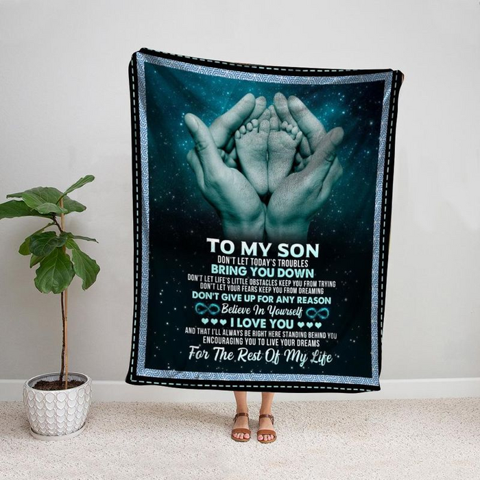 Personalized Lovely Fleece Blanket To My Son 3D Daddy Hand & Son Feet Print Sherpa Blankets Customized Name