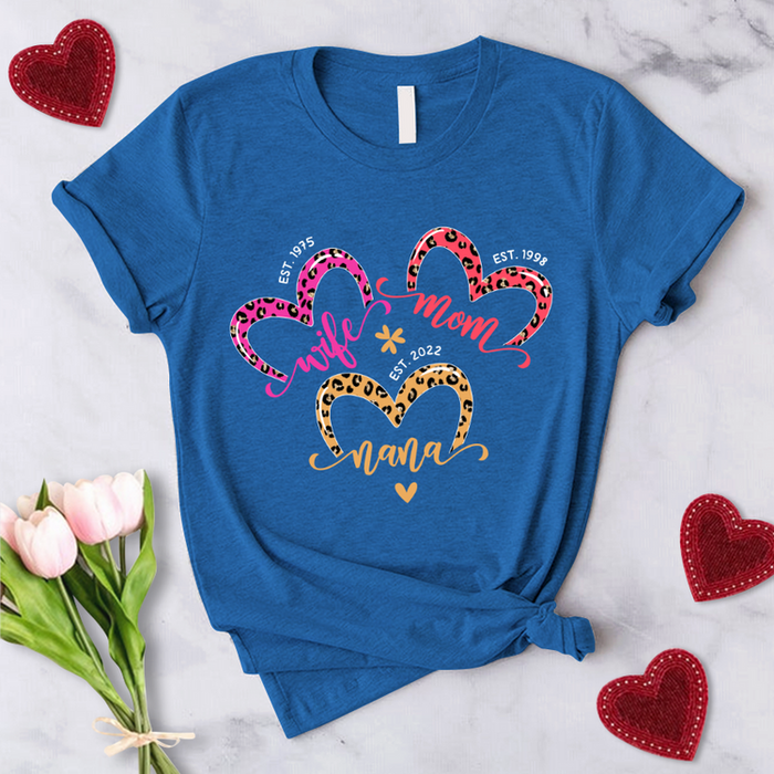 Personalized T-Shirt For Women Wife Mom Nana Est. Year Leopard Design Cute Heart & Flower Printed Custom Year