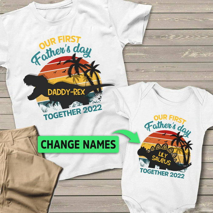 Personalized Matching T-Shirt & Baby Onesie Our First Father's Day Funny Dinosaur Printed Custom Name Daddy & Baby Set