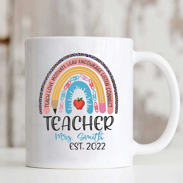 Personalized Coffee Mug For Teacher Teach Love Motivate Boho Rainbow Custom Name Ceramic Cup Gifts For Back To School