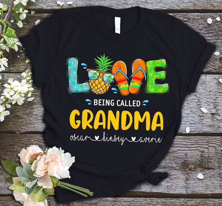 Personalized T-Shirt Love Being Called Grandma Summer Design With Pineapple Flip-Flop Printed Custom Grandkids Name