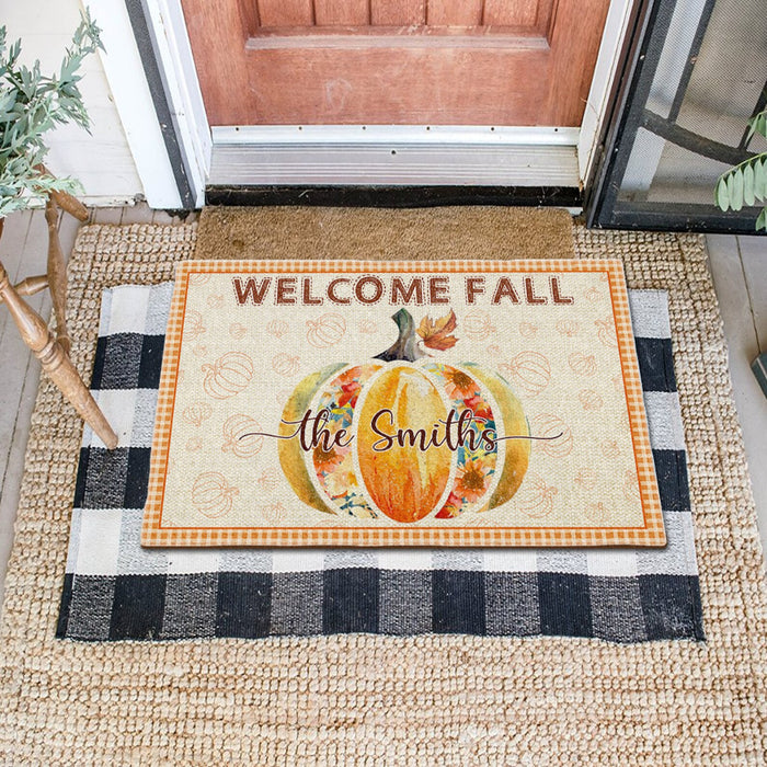 Personalized Doormat Welcome Fall Cute Pumpkin Printed Floral Plaid Design Custom Family Name For Fall Lovers