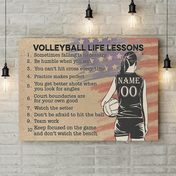 Personalized Volleyball Life Lessons Canvas For Volleyball Lovers Us Flag & Female Player Printed Custom Name & Number