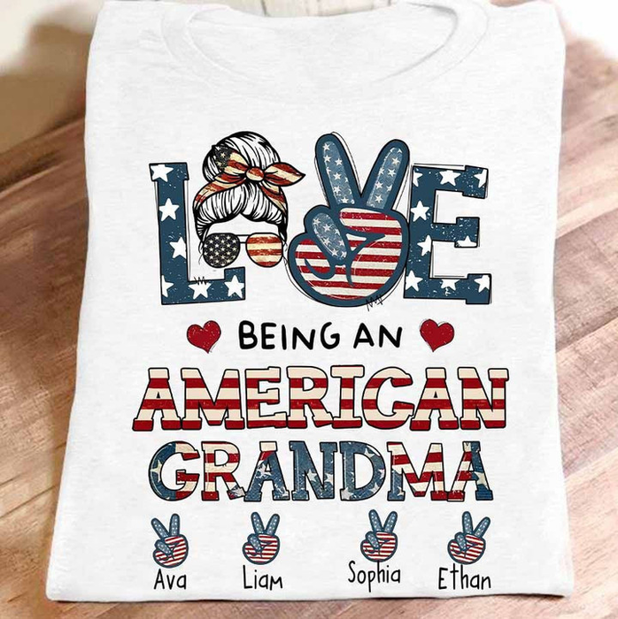 Personalized T-Shirt Being An American Grandma USA Flag Design Custom Grandkids Name 4th July Day Shirt