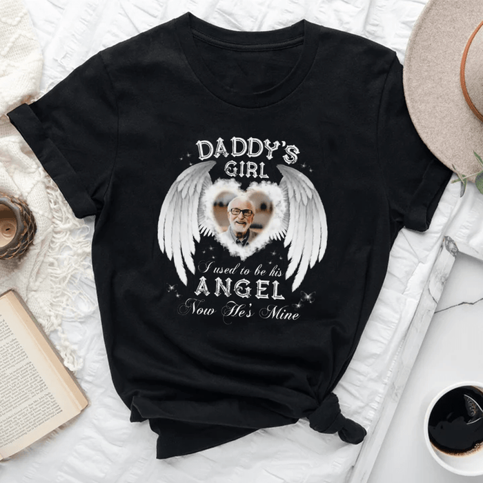 Personalized Memorial T-Shirt For Loss Of Daddy I Used To Be His Angel He's Mine Wings Custom Name Photo Sympathy Gifts