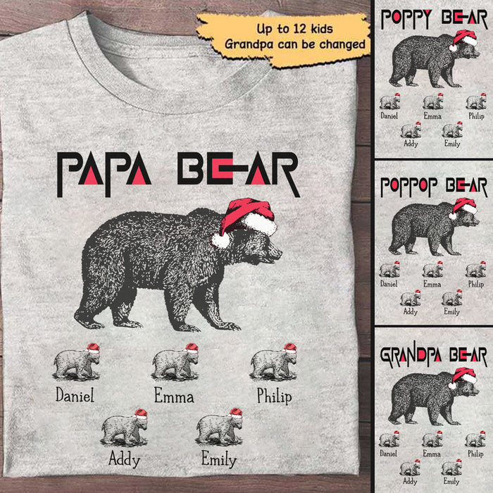 Personalized T-Shirts For Grandpa Papa Bear With Santa'S Hat Printed Custom Grandkids Name Christmas Shirt