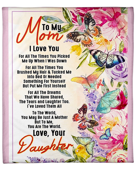 Personalized Rustic Blanket To My Mom Print Colorful Flower & Butterfly Custom Name Fleece Blanket For Mothers Day