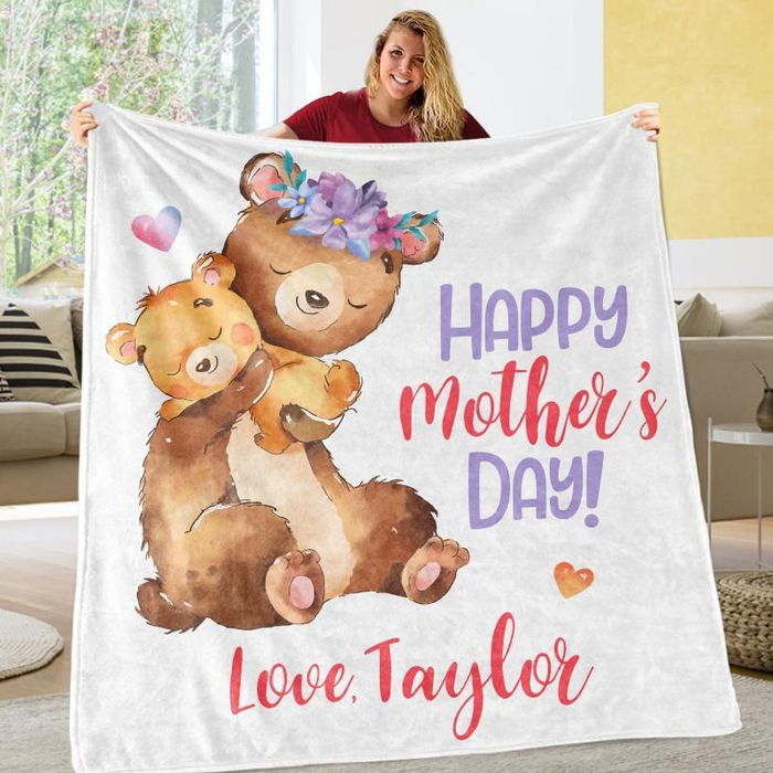 Personalized Blanket For Mom Happy Mother'S Day Cute Bear With Flower Printed Mama Bear & Baby Blanket Custom Name