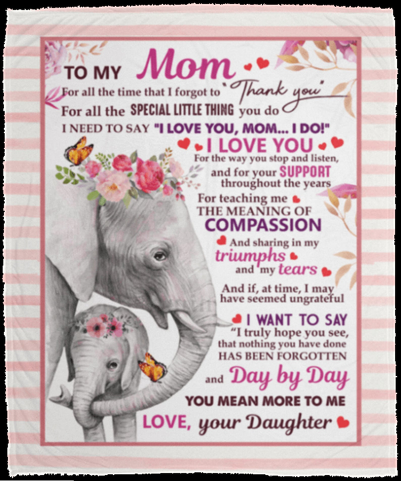 Personalized Blanket To My Mom From Daughter Love You Mom Old & Baby Elephant Print Flower & Butterfly Custom Name