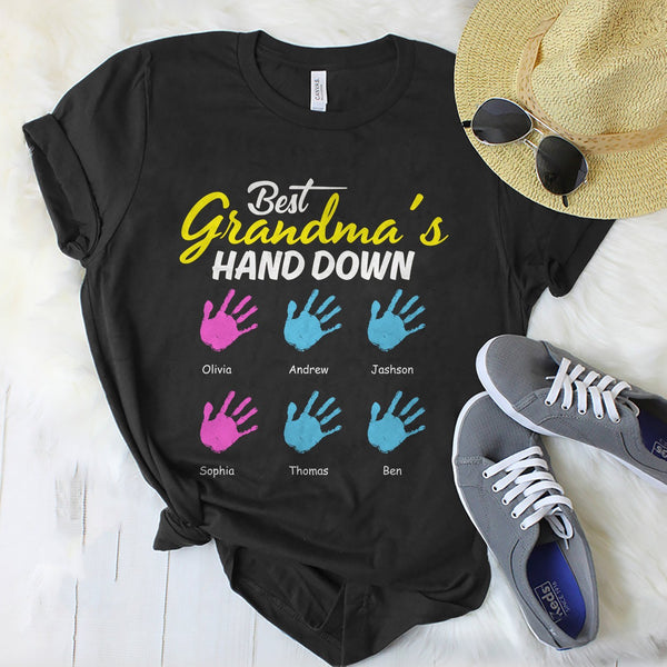 Personalized T-Shirt Best Grandma'S Hand Down Cute Colorful Handprints Printed Custom Grandkids Name